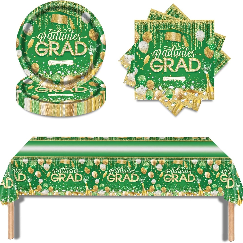 Graduation Party Supplies Disposable Tableware Set - Green and Gold
